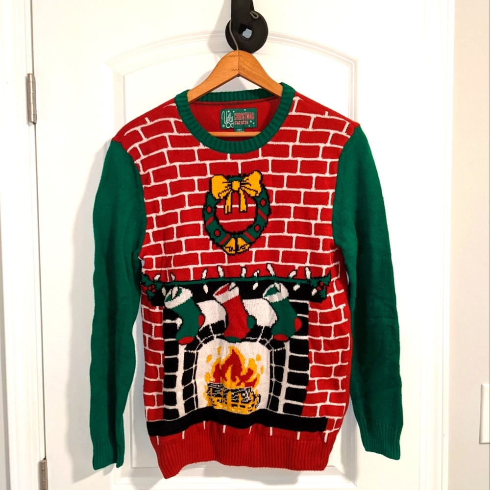 Ugly Christmas Sweater - Wreath, Stockings, Fireplace